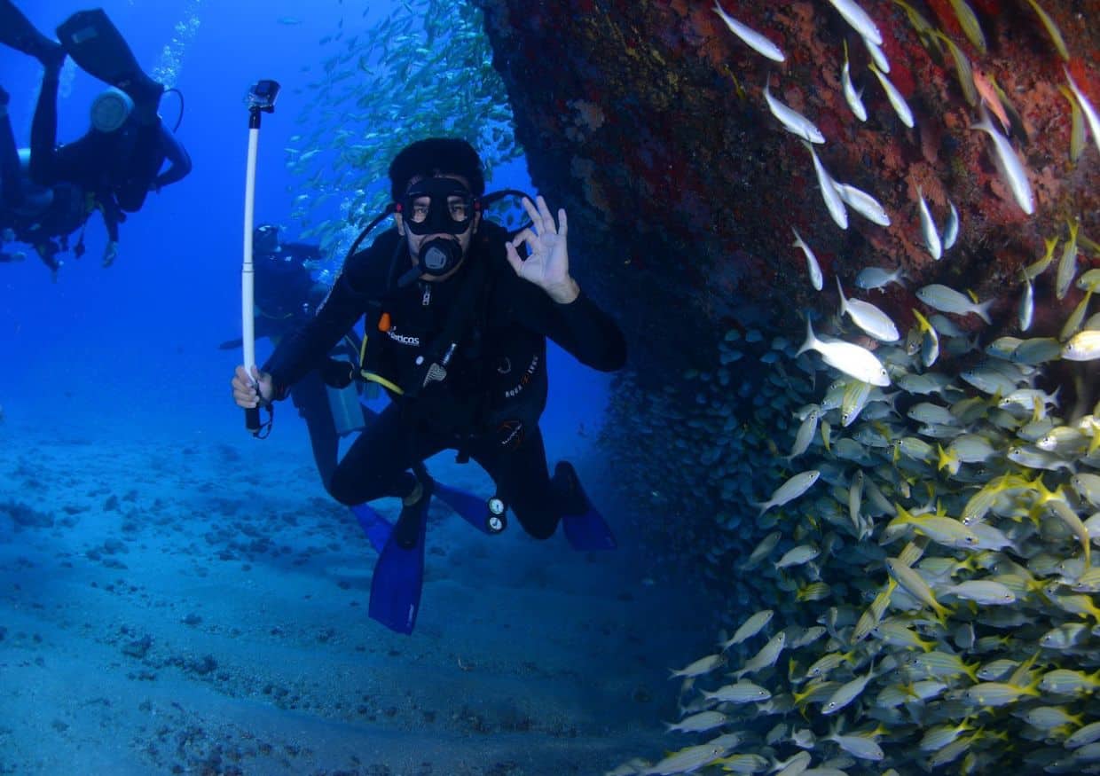 A scuba diver gives an ok signal while swimming near a school of small fish with a rocky undersea backdrop.