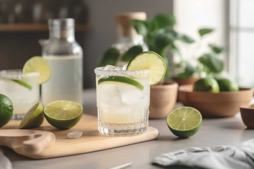 A glass of lime cocktail with ice and salt rim, garnished with a lime slice, surrounded by fresh limes and ingredients on a kitchen counter.