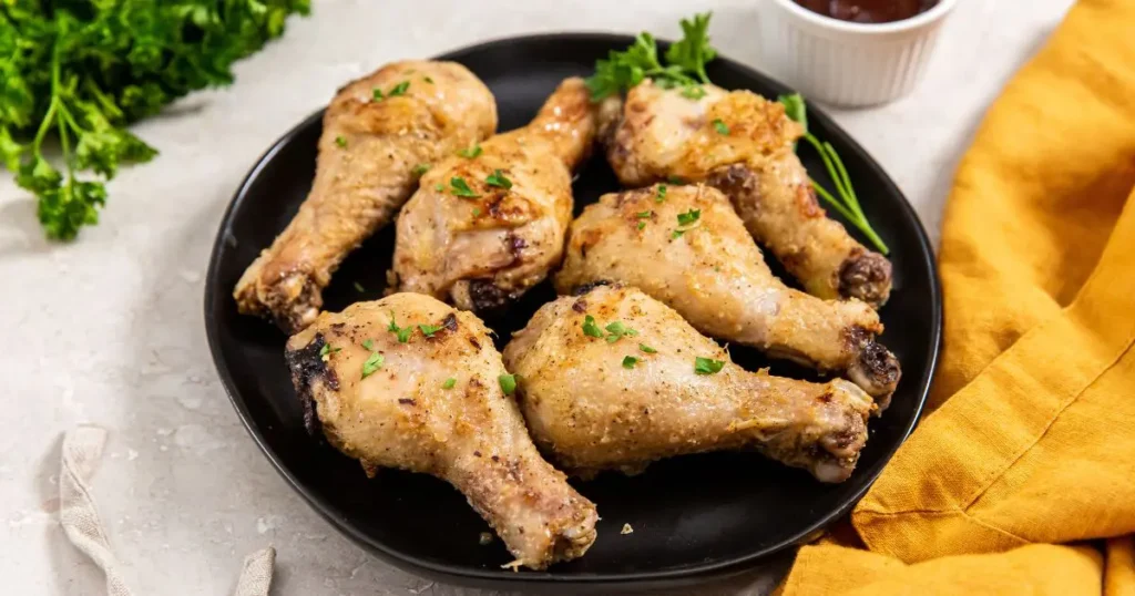 A plate of roasted chicken drumsticks garnished with parsley, accompanied by a side of barbecue sauce and a yellow napkin on a marble surface.