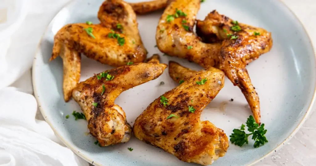 Grilled chicken wings garnished with parsley on a blue plate.