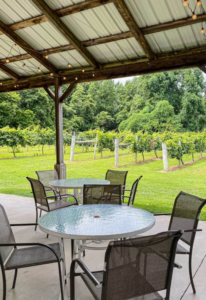 A covered outdoor seating area with a round metal table and chairs overlooking a lush vineyard.