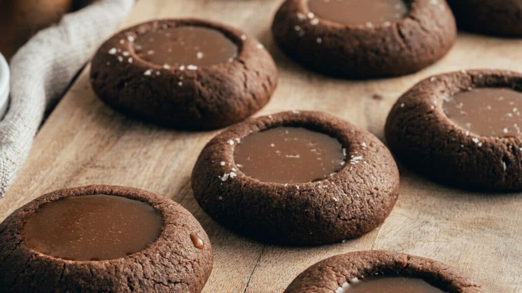 Chocolate cookies with a caramel center on a wooden surface.