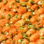 Close-up of a dish featuring crispy tater tots topped with cheese and garnished with chopped green onions and herbs.