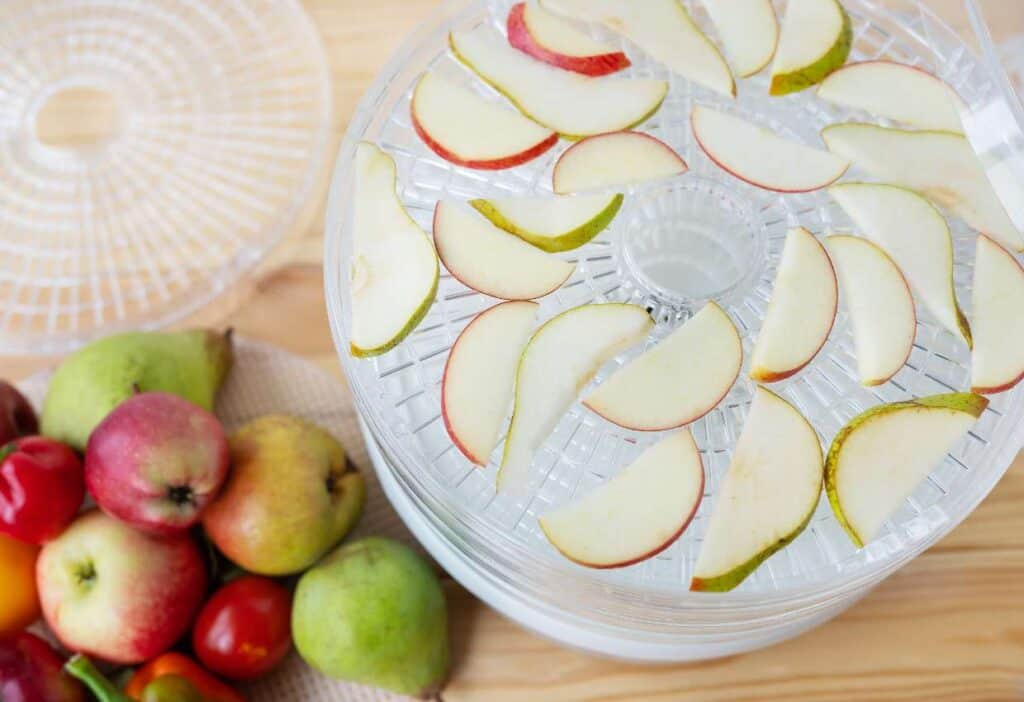 Sliced apples arranged on a round dehydrator tray, with whole apples and pears scattered on a wooden surface nearby.
