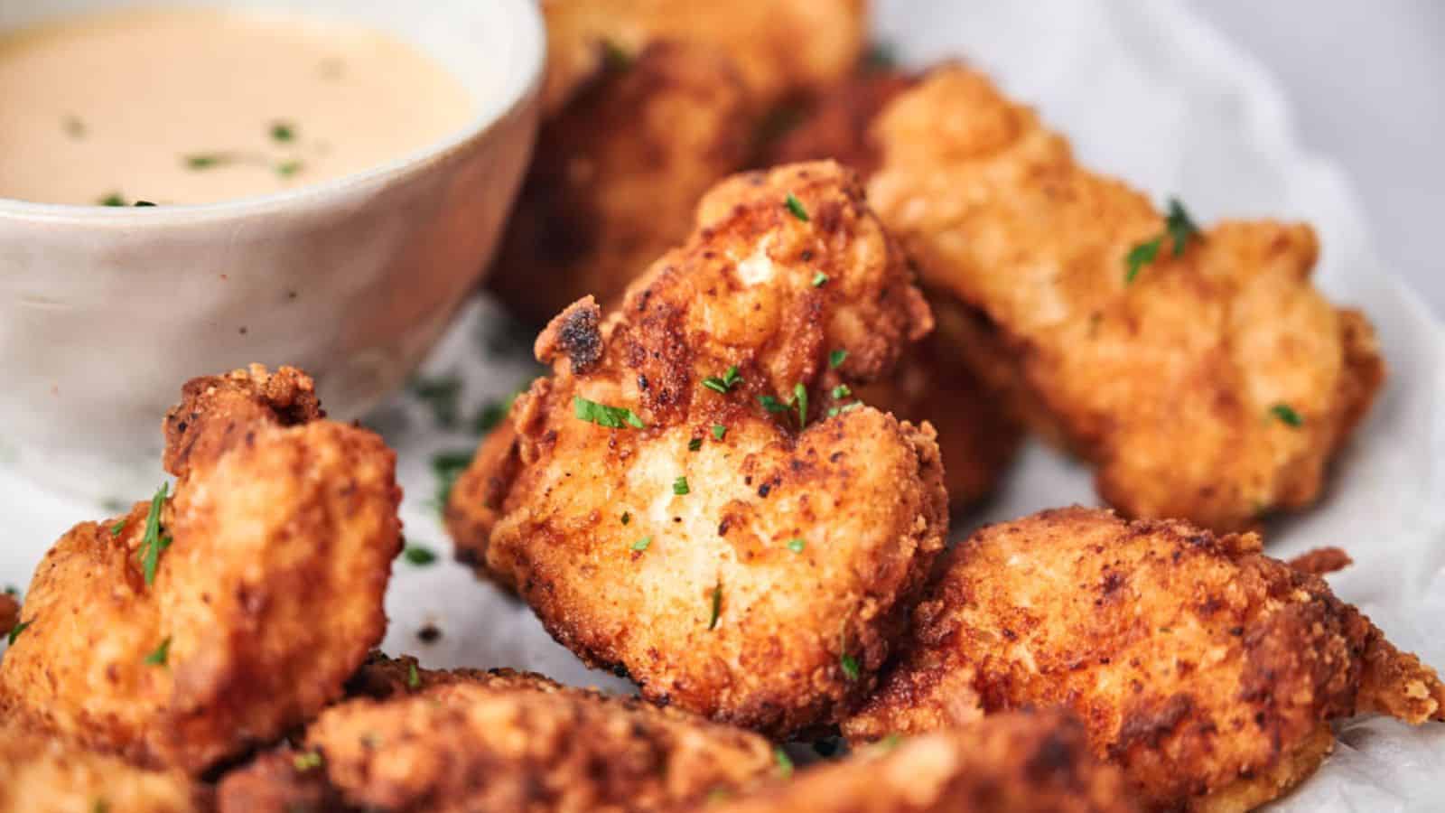 Golden fried chicken pieces with a side of dipping sauce.