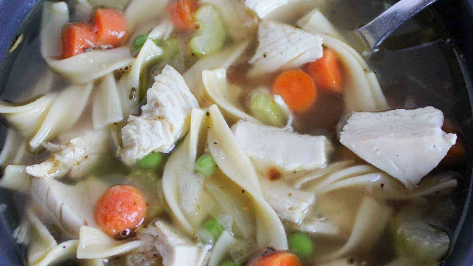 A bowl of chicken noodle soup with vegetables.