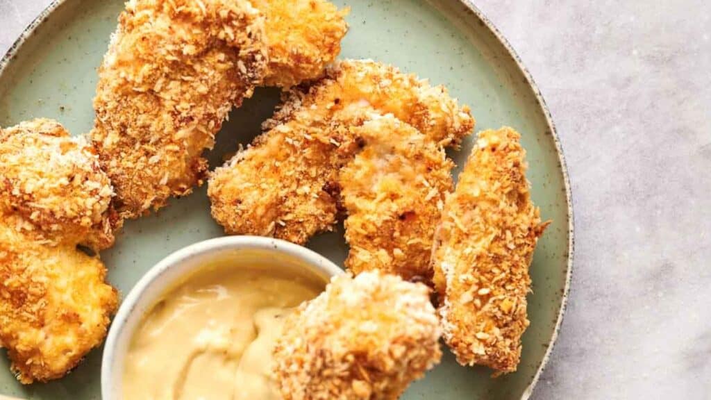 Breaded chicken strips on a plate with a side of dipping sauce.