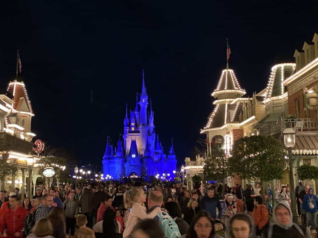 Main street at night, crowded with people, leading to a brightly illuminated castle in the distance.