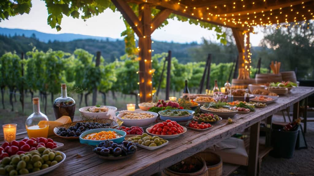 A potluck table set with assorted foods and lit by string lights in an outdoor vineyard setting at dusk.