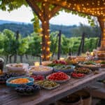 A potluck table set with assorted foods and lit by string lights in an outdoor vineyard setting at dusk.