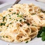 A plate of creamy fettuccine alfredo garnished with chopped parsley.