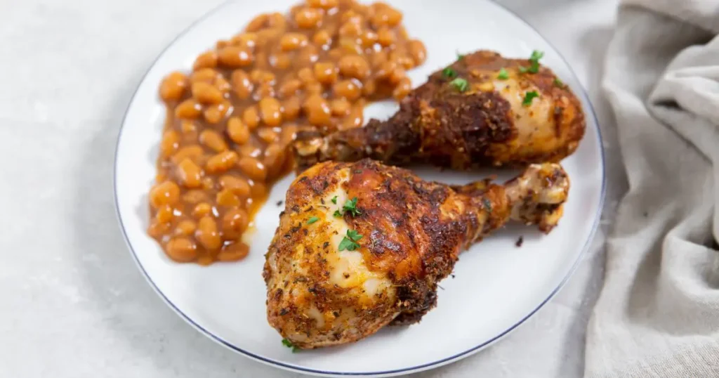 Two roasted chicken drumsticks on a plate with a side of baked beans, garnished with parsley.