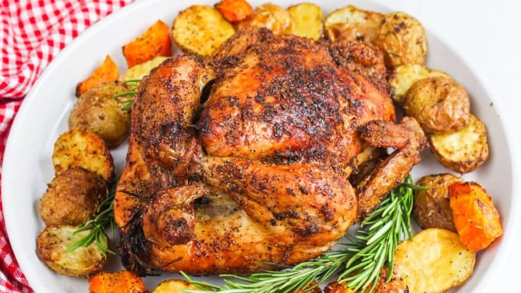 A roasted chicken surrounded by herbs and roasted potatoes and carrots on a white plate.