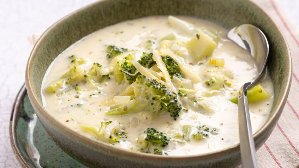 A bowl of creamy broccoli soup with chunks of broccoli, served with a spoon on the side.
