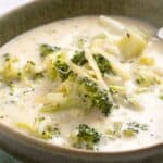 A bowl of creamy broccoli soup with chunks of broccoli, served with a spoon on the side.