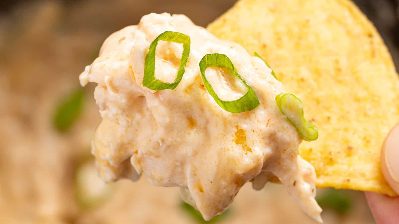 A hand holding a tortilla chip dipped in creamy Buffalo chicken dip, garnished with slices of green onion.