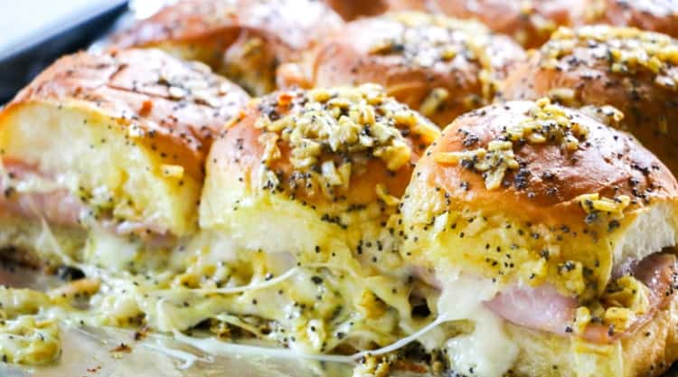 Easy Ham and Cheese Sliders with poppy seeds.