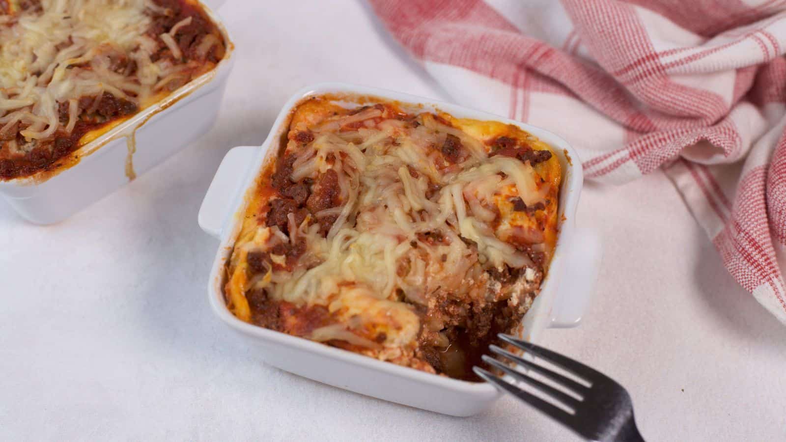 Lasagna for One in small 10-ounce square baking pan.