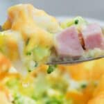 A fork holding a bite of cheesy broccoli and ham frittata with a drip of cheese sauce.