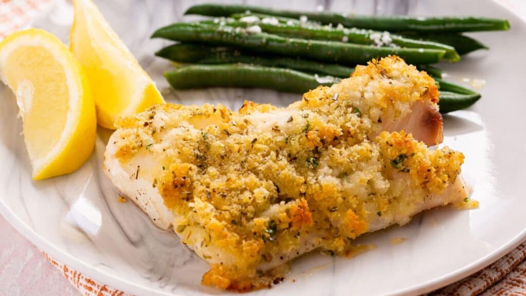 Breaded fish fillet served with green beans and lemon wedges on a plate.