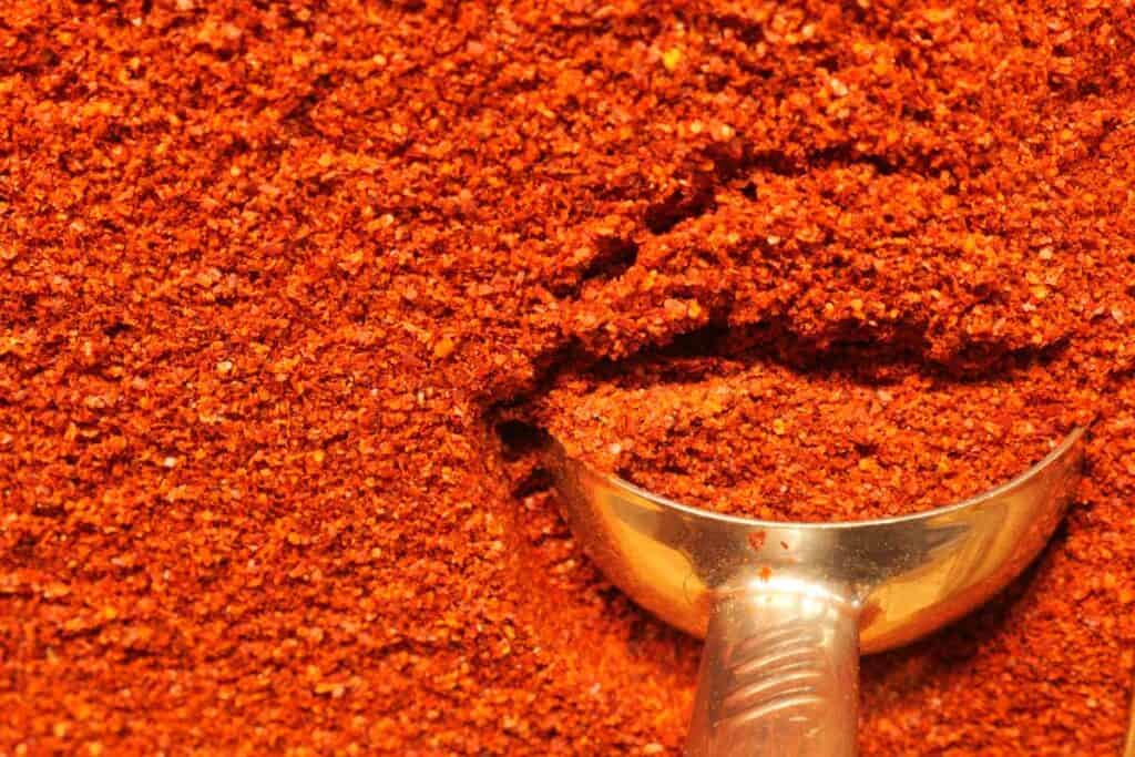 A close-up of paprika with a silver scoop partially buried in it.