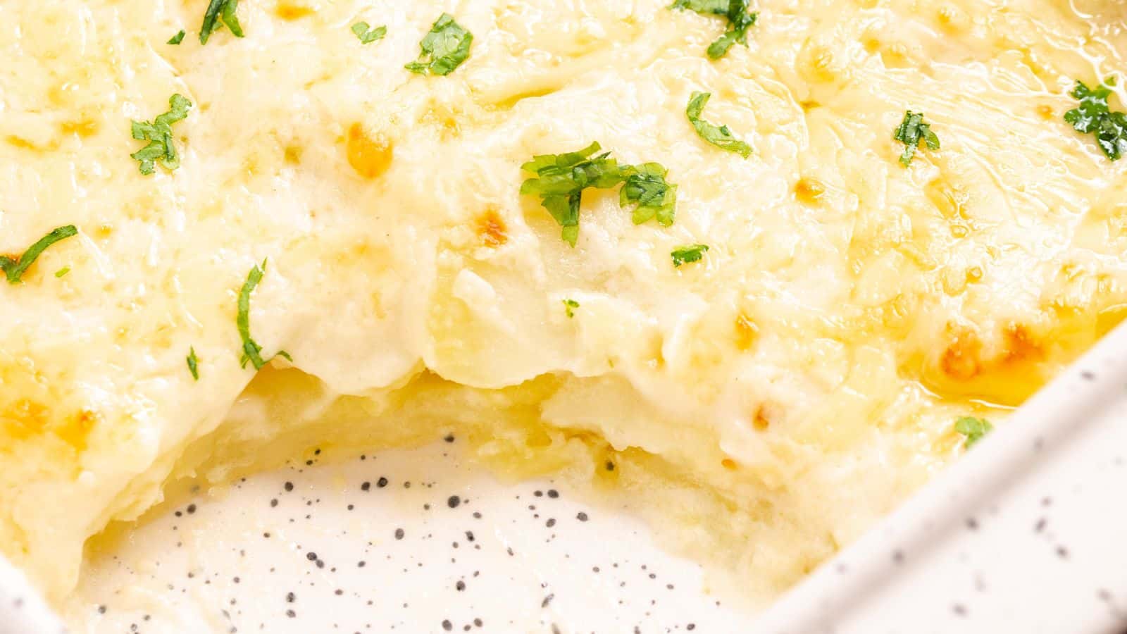 Close-up of a cheesy scalloped potatoes dish in a white baking dish, garnished with parsley.