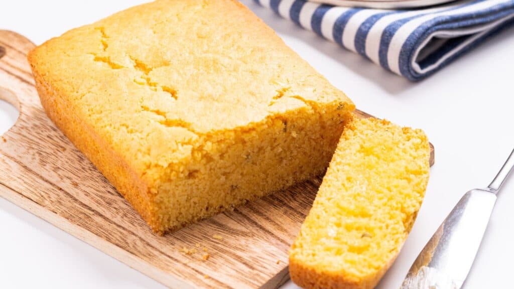 A freshly baked loaf of cornbread with one slice cut, resting on a wooden board next to a knife and a blue-striped towel.