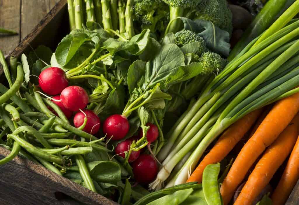A variety of fresh vegetables including radishes, carrots, green onions, and broccoli displayed in a wooden crate.
