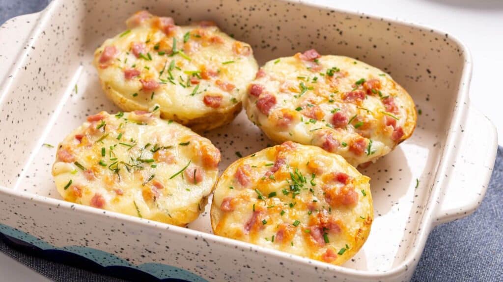 A dish with baked stuffed potatoes topped with cheese and bacon bits, garnished with chopped herbs.