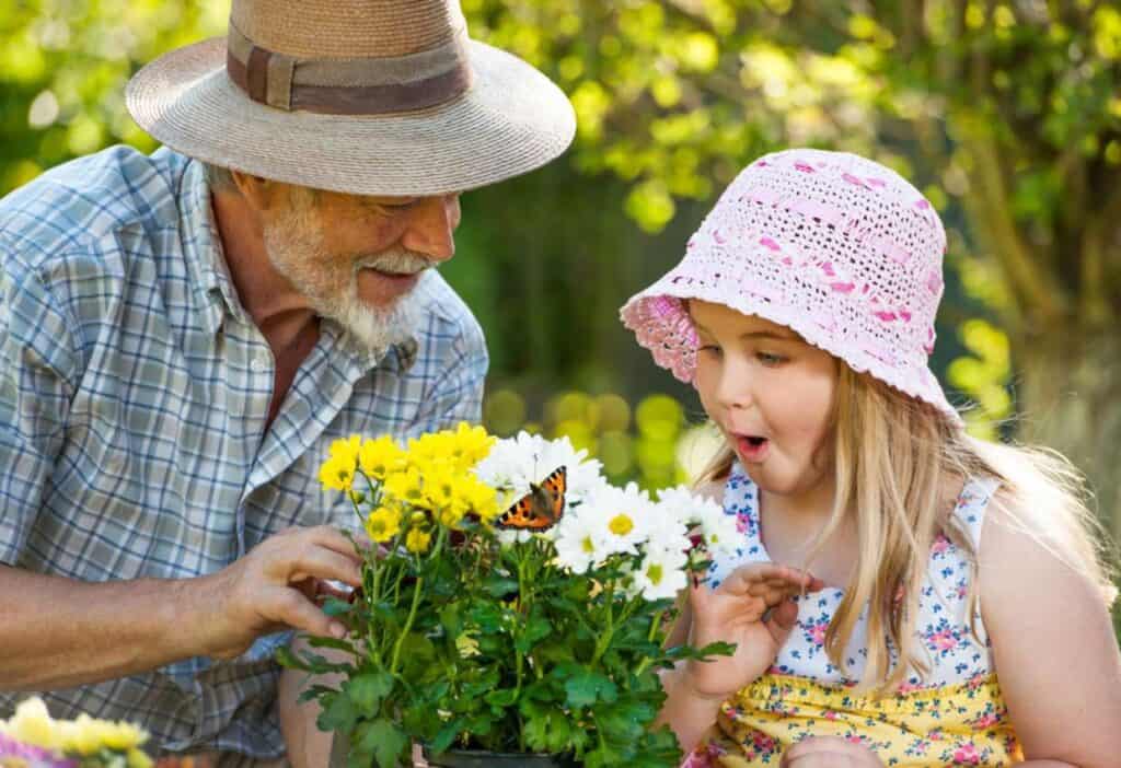 An elderly man and a young girl look at flowers in a garden. Both wear hats; the man wears a checked shirt, and the girl wears a floral dress. A butterfly is on the flowers, capturing the girl's attention.