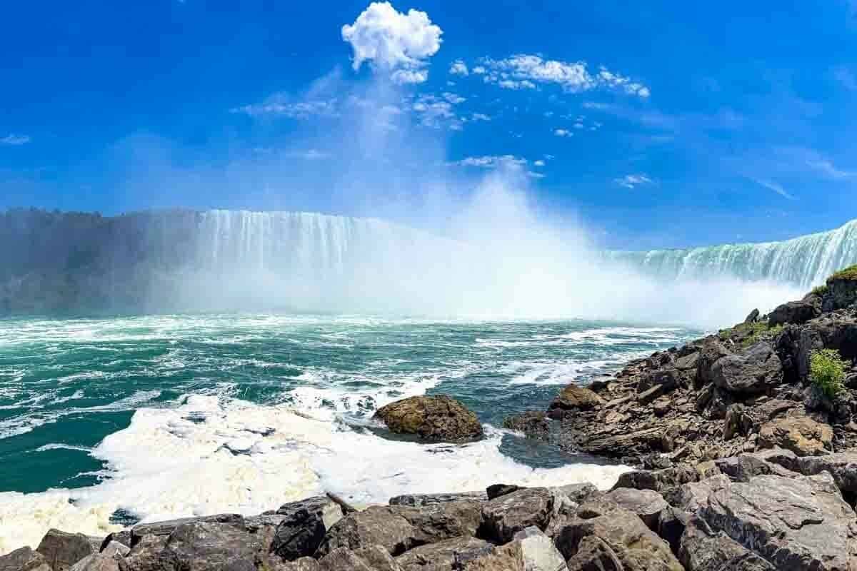A view of Niagara Falls cascading into a river surrounded by rocky terrain.