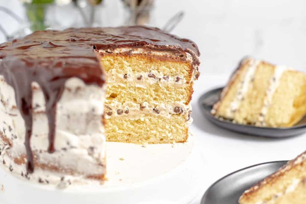 A frosted vanilla cake with chocolate chips and chocolate drizzle is shown with a slice removed, revealing the cake's layers. A single slice rests on a black plate in the background.