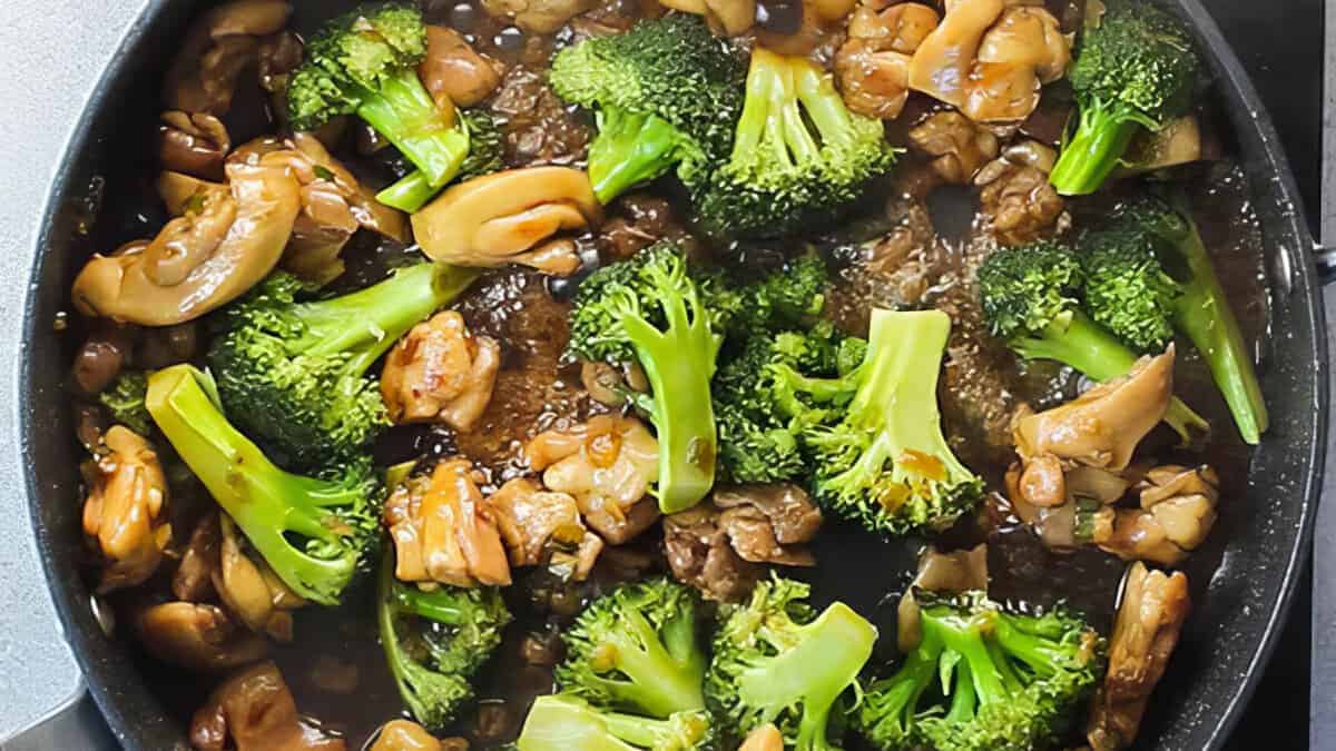 Chinese Chicken and Broccoli cooked in a pan ready to serve.