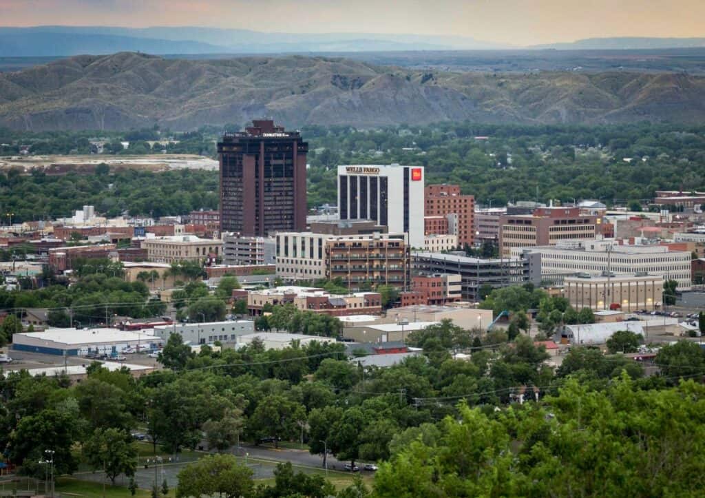 Tall buildings and other structures in Downtown Billings, Montana, as seen from above.