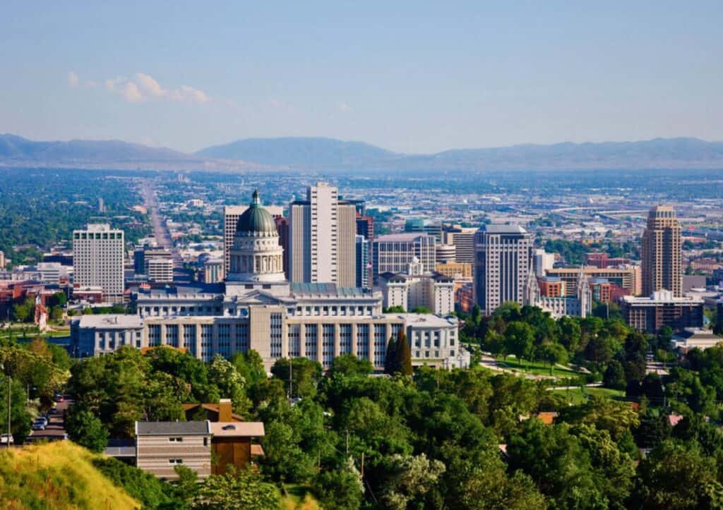 A capitol building and skyscrapers create the skyline of Salt Lake City.