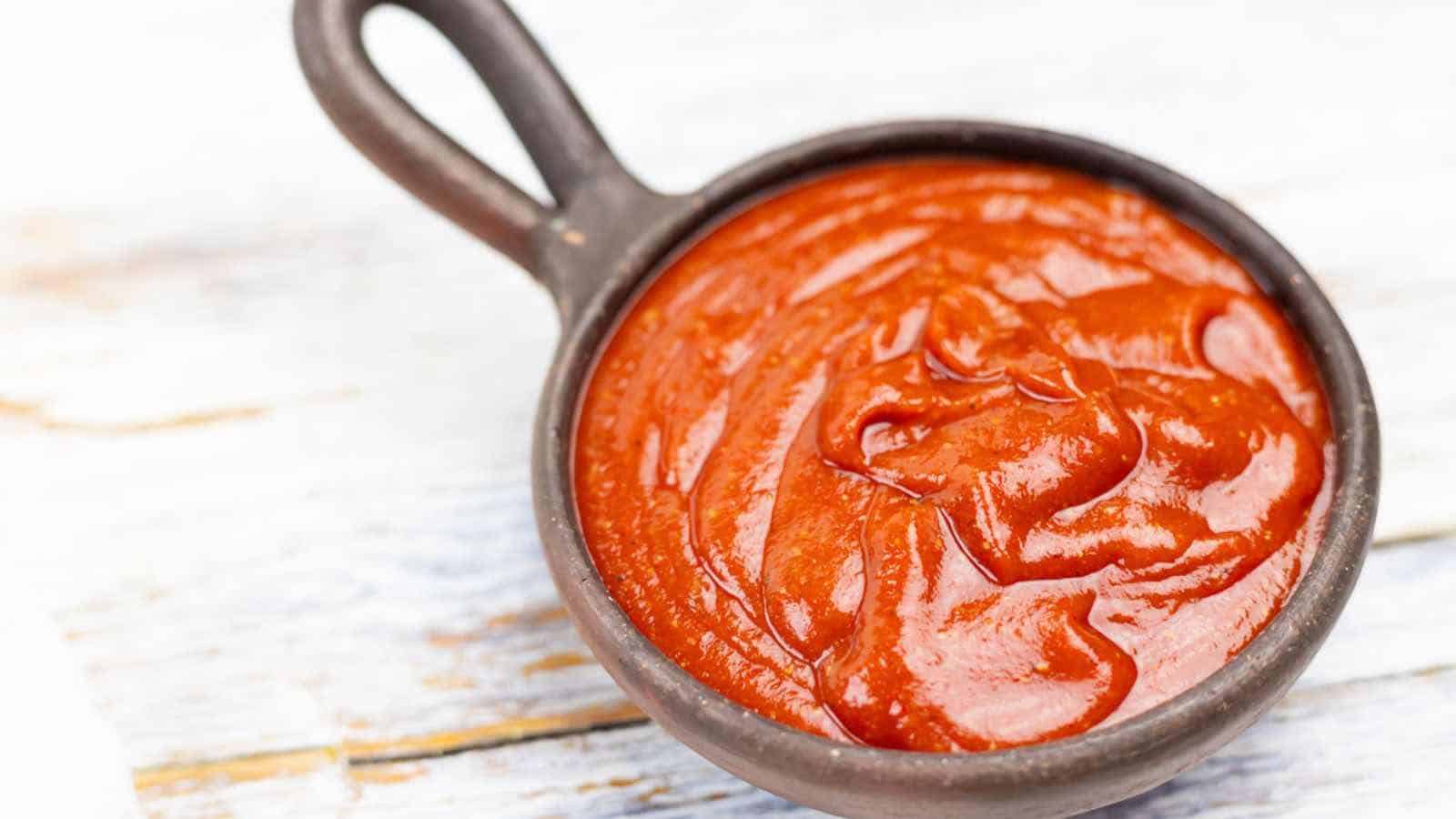 A close-up of a small, dark ceramic bowl filled with thick red BBQ sauce, on a rustic white wooden background.