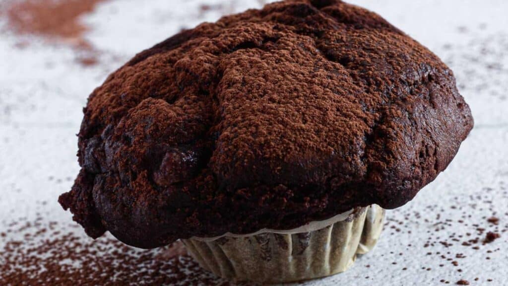 Close-up of a chocolate muffin sprinkled with cocoa powder on a textured surface.