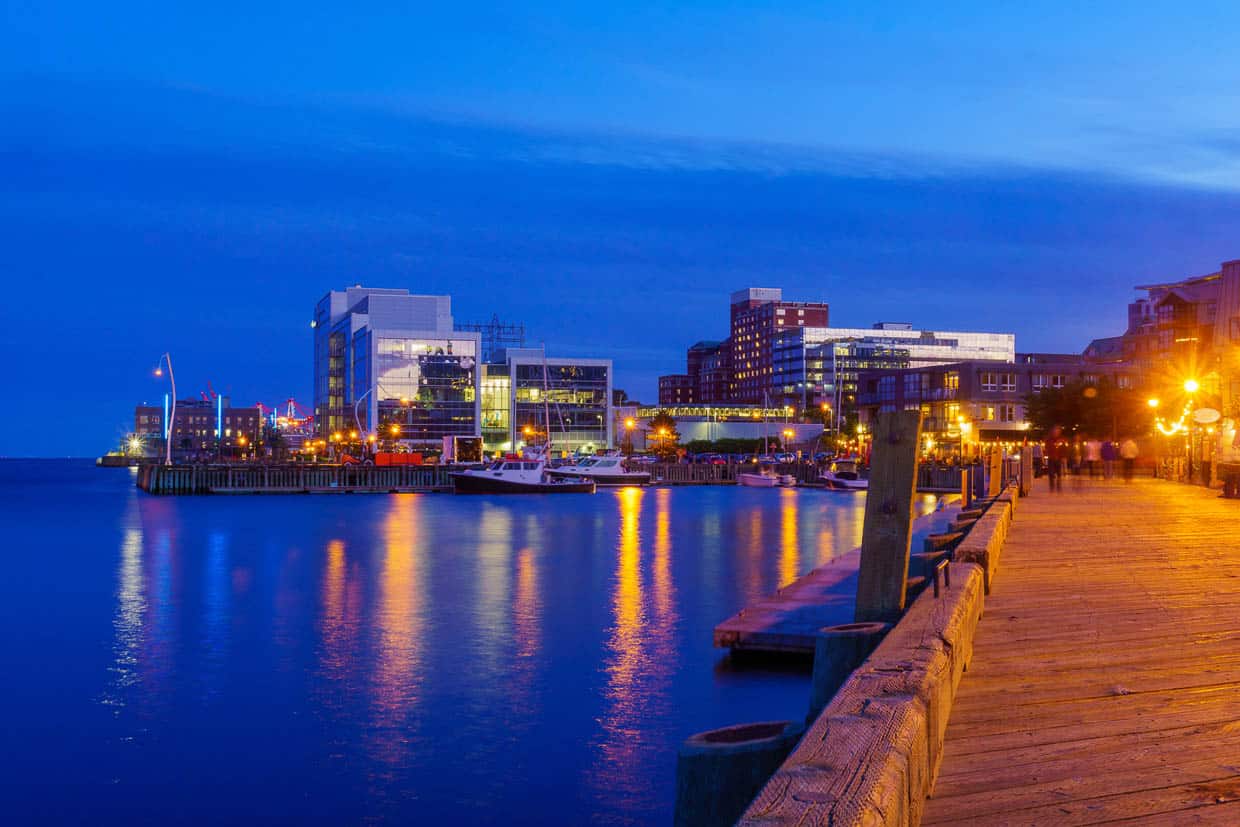 A nighttime shot of the Halifax waterfront.