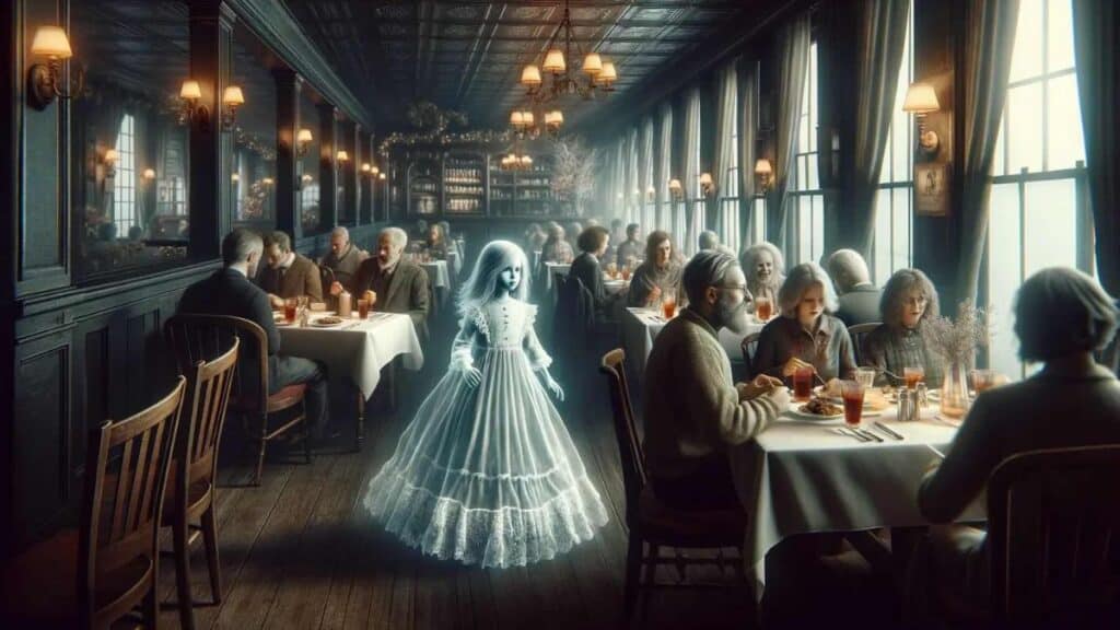 A ghostly figure of a young girl in a vintage dress stands among people dining in a dimly lit, elegant restaurant.