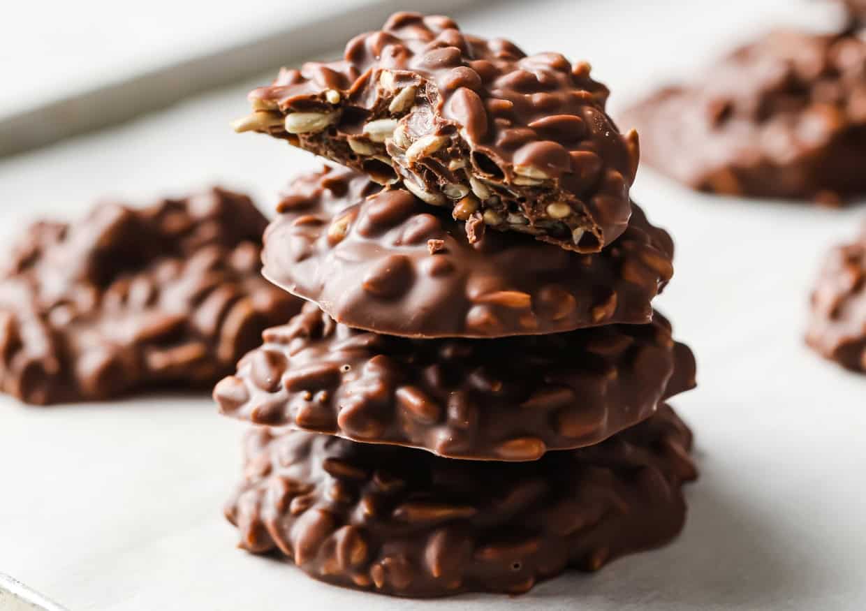 A stack of low-carb milk chocolate sunflower seed clusters.