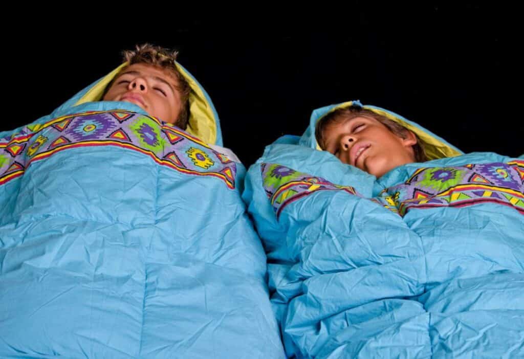 Two children are lying side by side in blue sleeping bags with colorful patterns, appearing to be asleep.