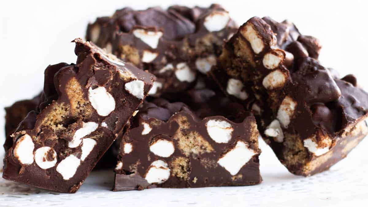 Rocky road bars piled onto a dessert dish.