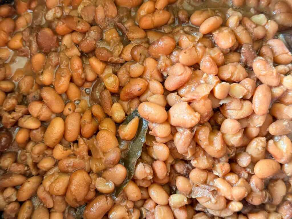 Close-up of baked beans in a thick sauce, showing a variety of beans cooked thoroughly.