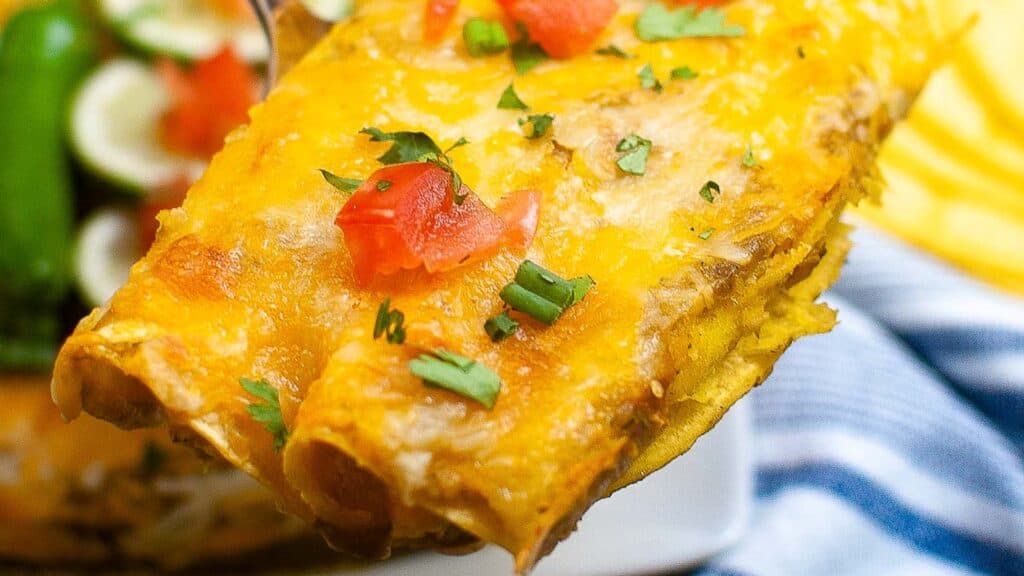 A close-up image of a cheesy enchilada topped with diced tomatoes and green onions, served with a side of salad and fries.