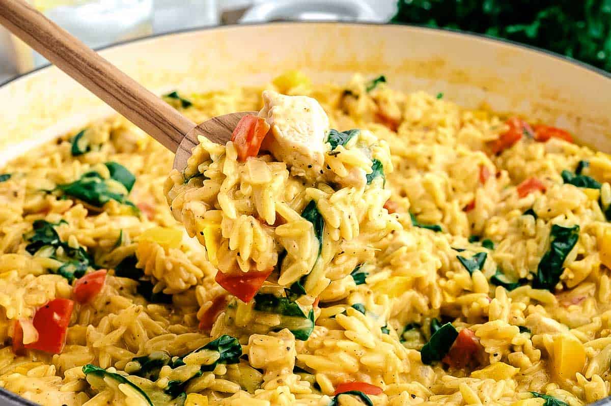 A wooden spoon scoops up a serving of creamy chicken and vegetable orzo from a large pot.