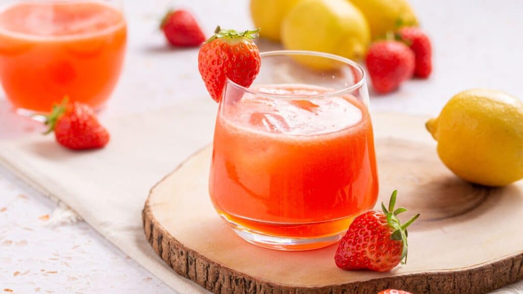 A fresh strawberry lemonade served on a wooden coaster, garnished with a whole strawberry, with lemons and strawberries in the background.