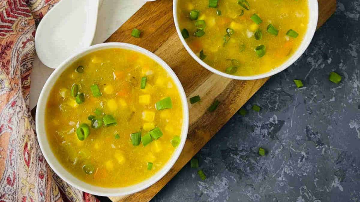 Sweet corn soup in white bowl.