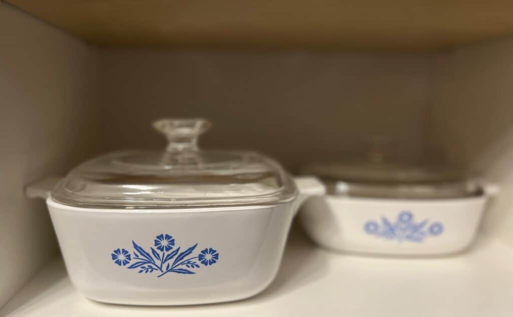 Two white ceramic dishes with glass lids, decorated with blue floral patterns, are placed side by side on a shelf.