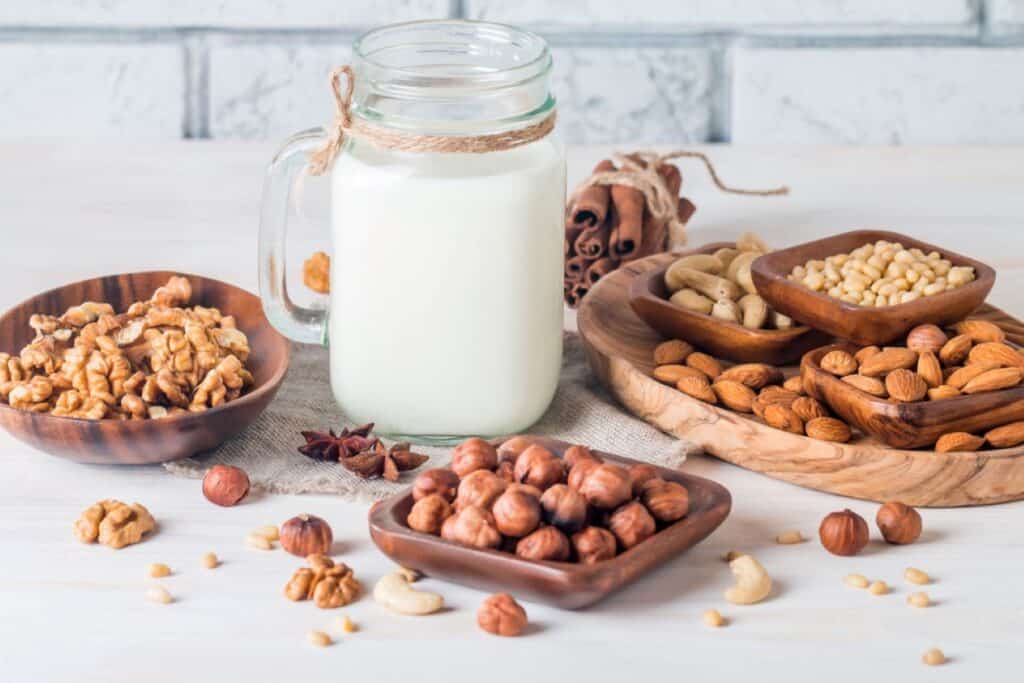 A variety of nuts, including walnuts, hazelnuts, almonds, cashews, and pine nuts, are arranged around a jar of milk on a wooden surface—perfect for those exploring dairy-free cooking options.