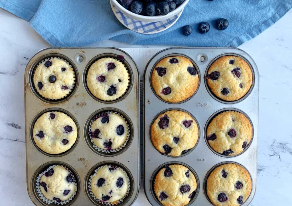 Two muffin trays with freshly baked blueberry muffins, some in paper liners and some without. A bowl of blueberries sits on a blue cloth in the background.